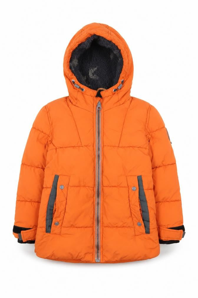 Front view of Next boys’ orange puffer jacket, 4 years, winter essential, hooded