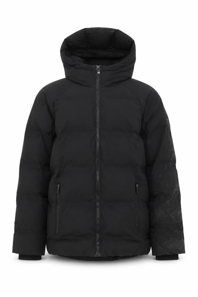 Front view of Next boys’ black puffer jacket 12 years hooded zip winter