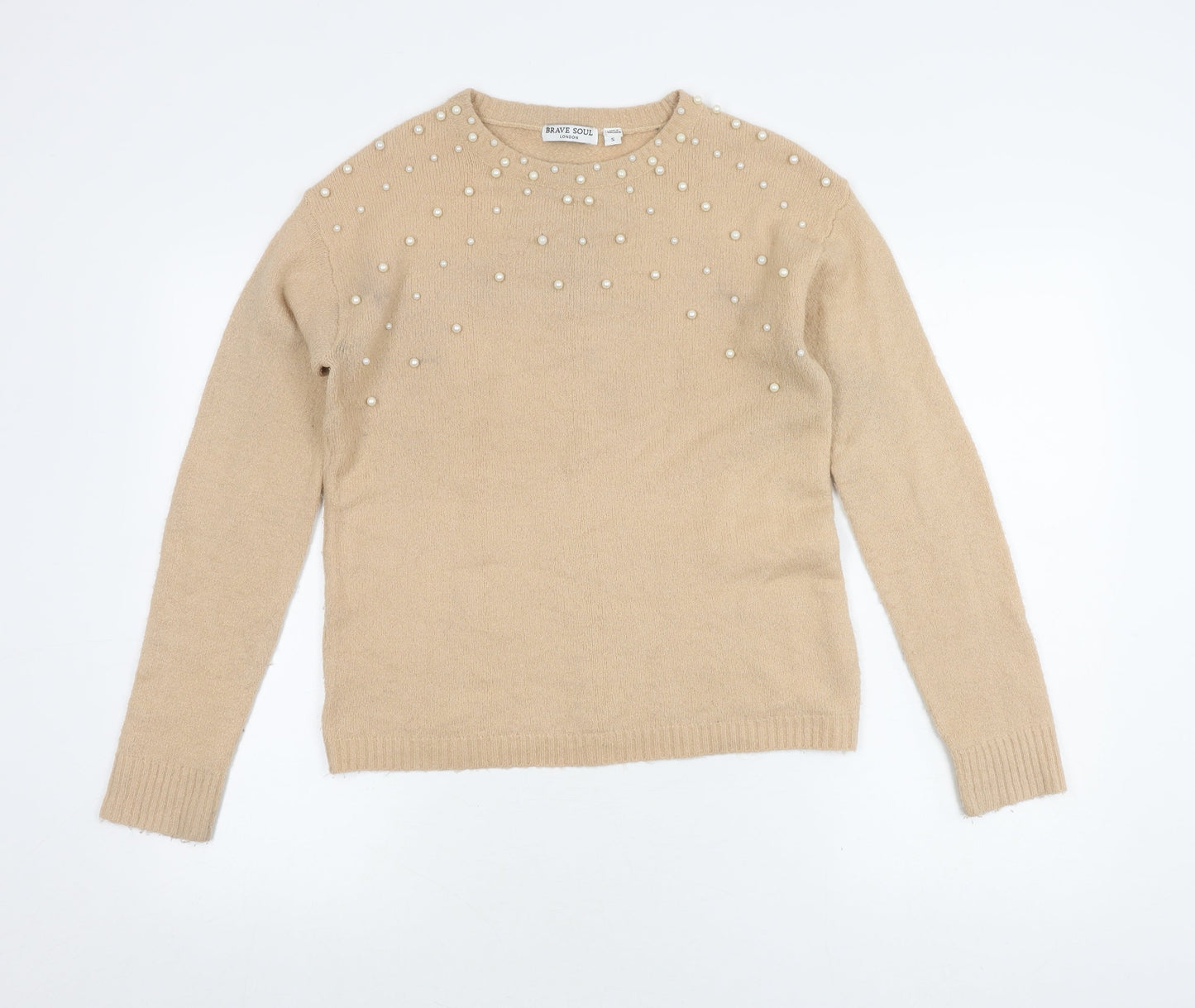 Brave Soul Women's Beige Pullover Beaded Jumper, Size S