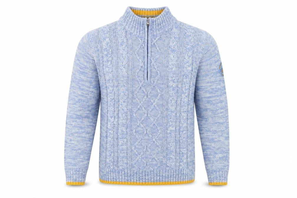 Front view of Atlas For Men Blue XL Cable-Knit Half Zip Jumper