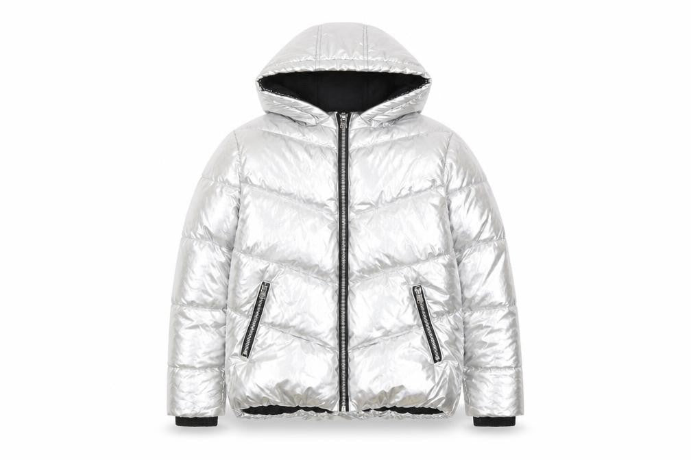Front view of Pineapple girls’ silver puffer jacket 11-12 years hooded winter
