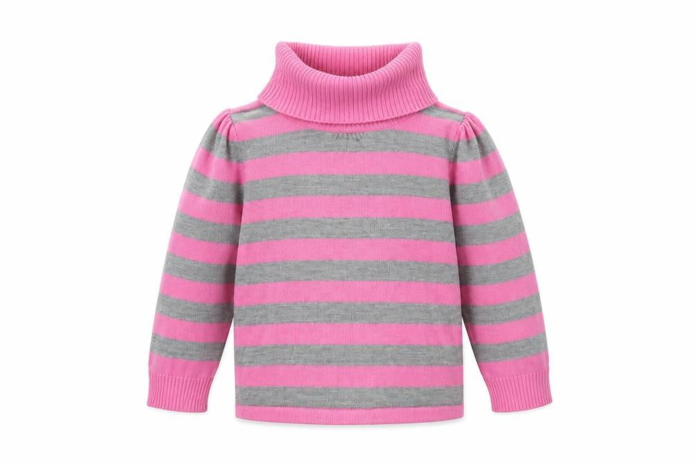 Marks and Spencer Girls Striped Roll Neck Jumper Pink Grey 2-3 Years