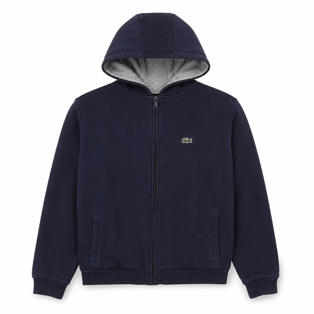Front view of Lacoste boys’ blue full zip hoodie, size 16, years