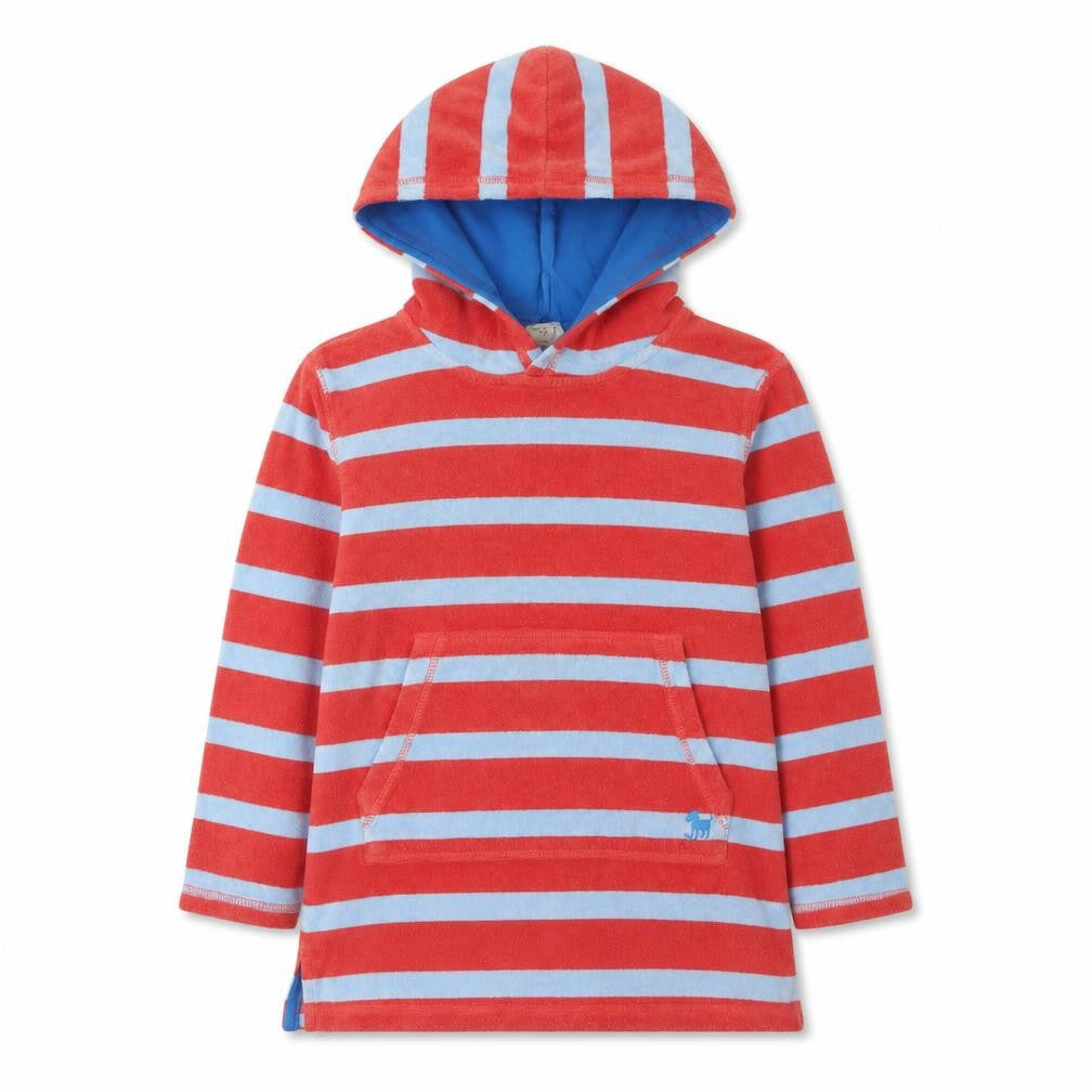 Front view of Mini Boden boys’ red blue striped hoodie 6-7 years