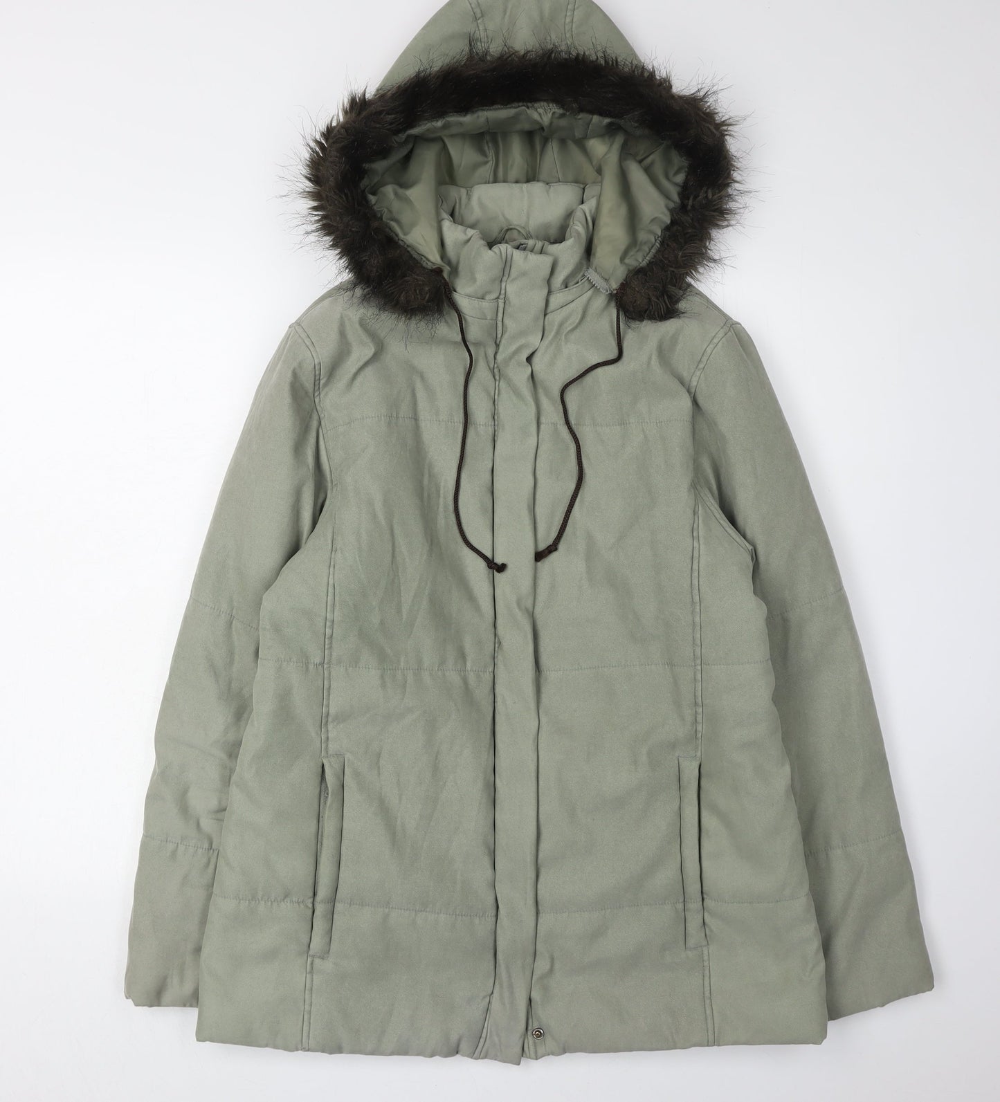 Debenhams Women's Green Parka Coat, Size 12, Fur Trim Hood