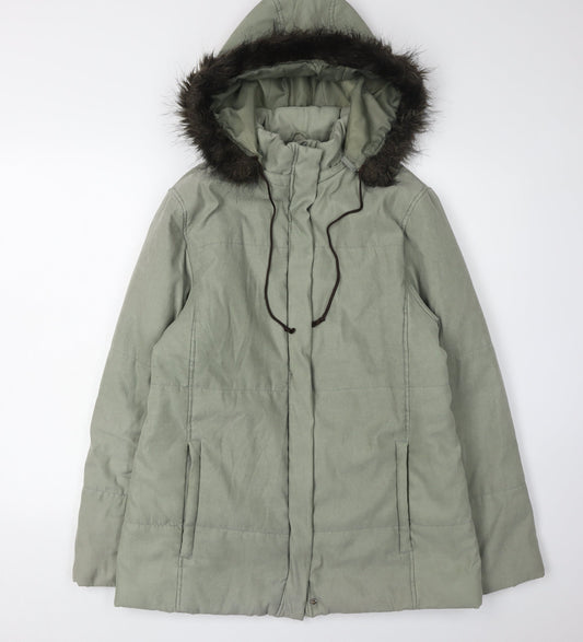 Debenhams Women's Green Parka Coat, Size 12, Fur Trim Hood