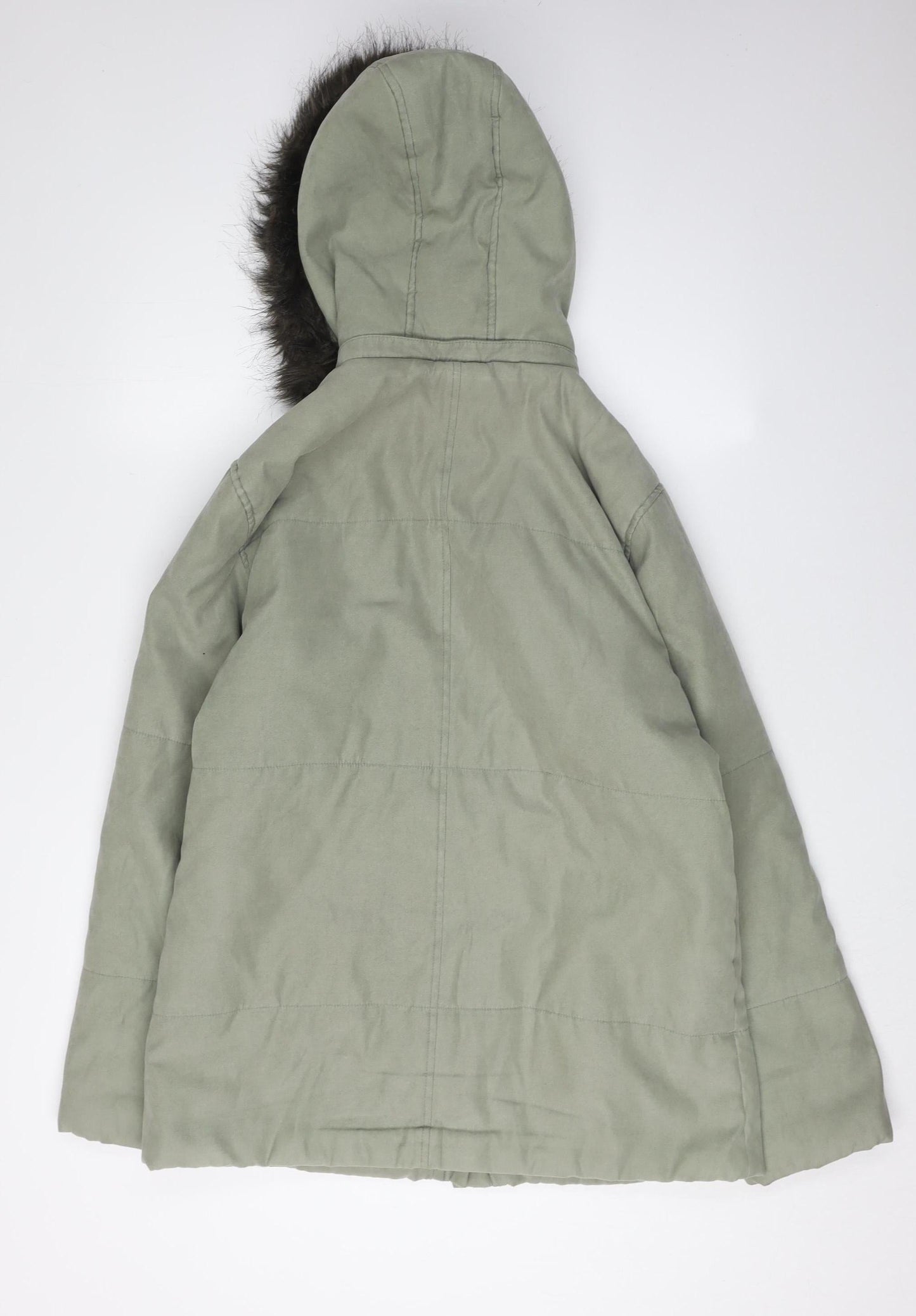 Debenhams Women's Green Parka Coat, Size 12, Fur Trim Hood