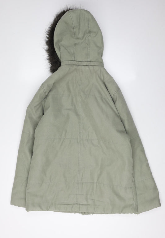Debenhams Women's Green Parka Coat, Size 12, Fur Trim Hood