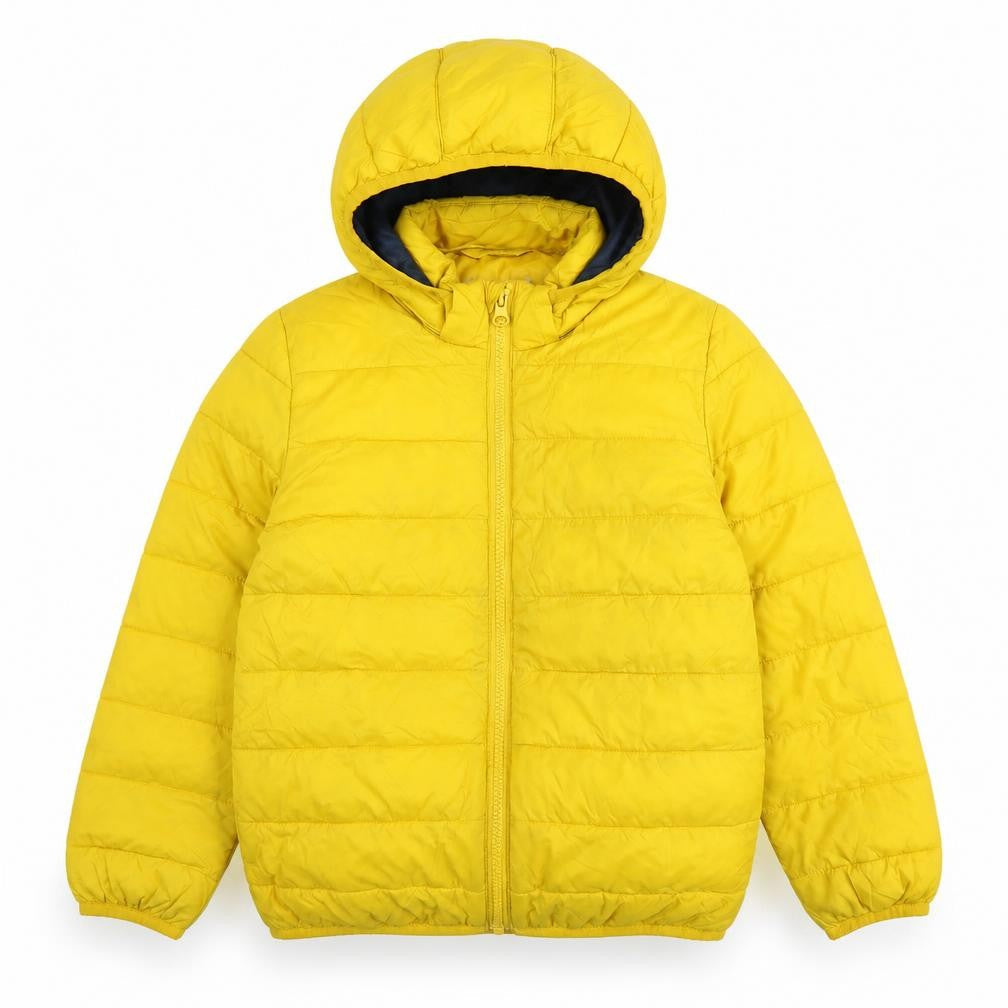 Front view of H&M boys’ yellow puffer jacket, 9-10 years, hooded, casual