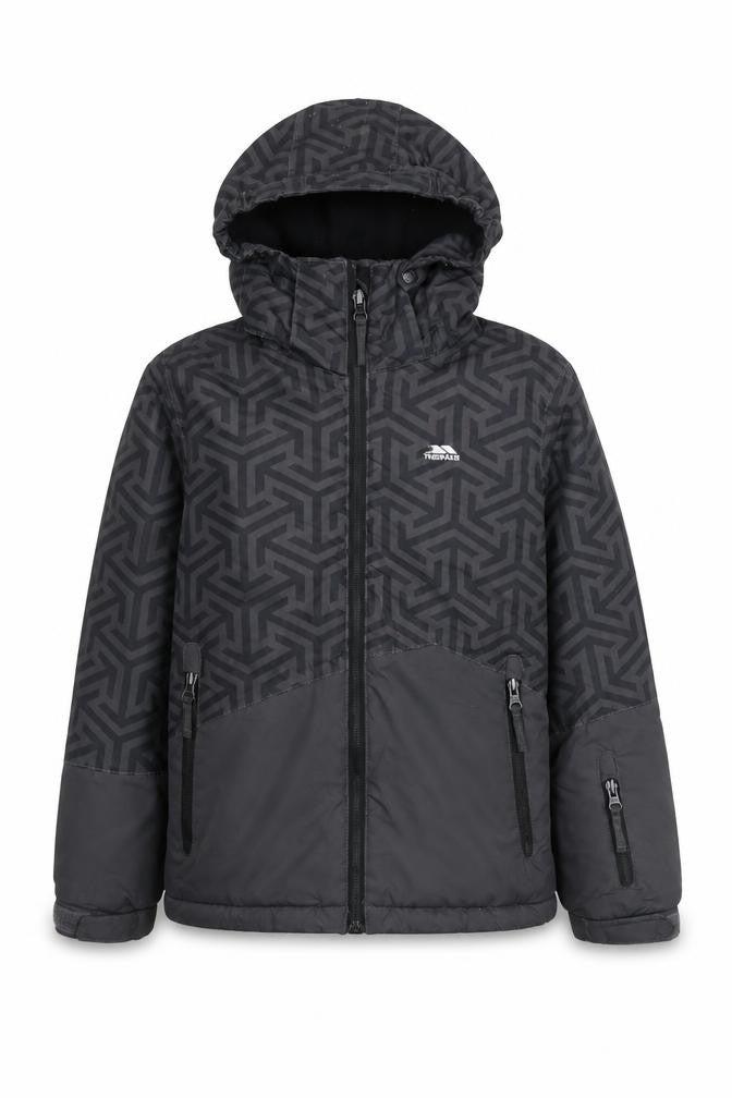 Front view of Trespass boys’ black puffer jacket 7-8 years waterproof