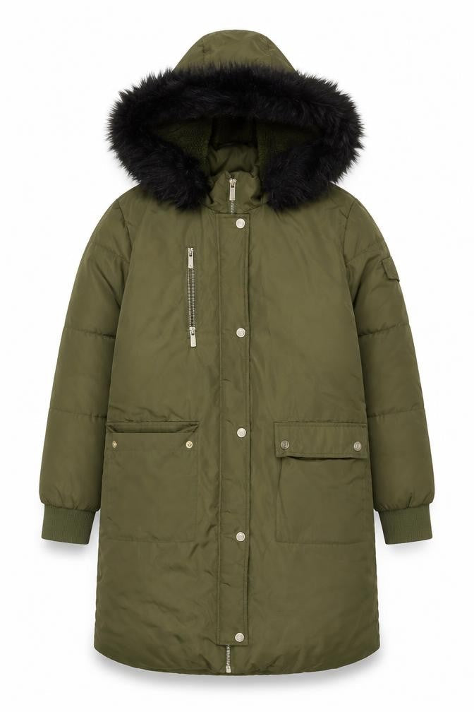 Front view of River Island girls’ green 11 years parka coat fur trim