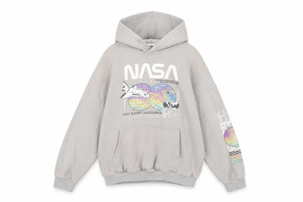 Front view of H&M girls’ grey nasa graphic print pullover hoodie 8-10 years