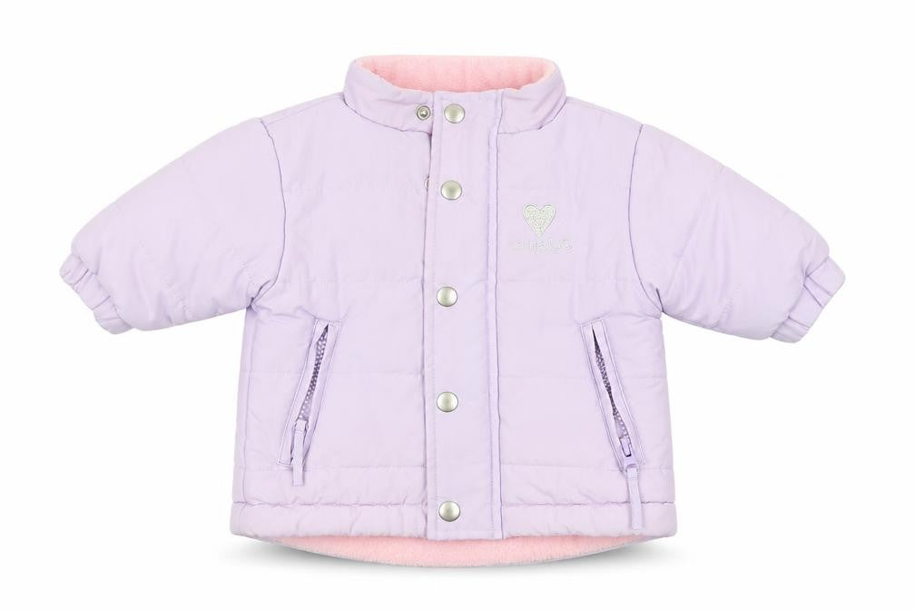 Front view of Bruin girls’ purple puffer jacket 3-6 months lined & hooded