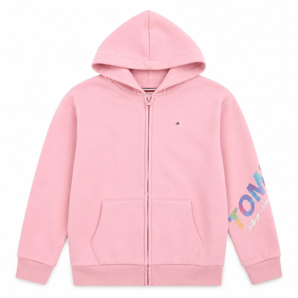 Front view of Tommy Hilfiger girls’ pink hoodie jacket, size 164