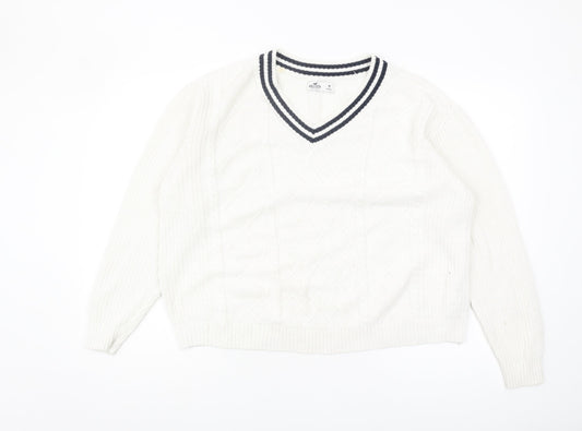 Hollister Women's White Cable-Knit V-Neck Jumper, M