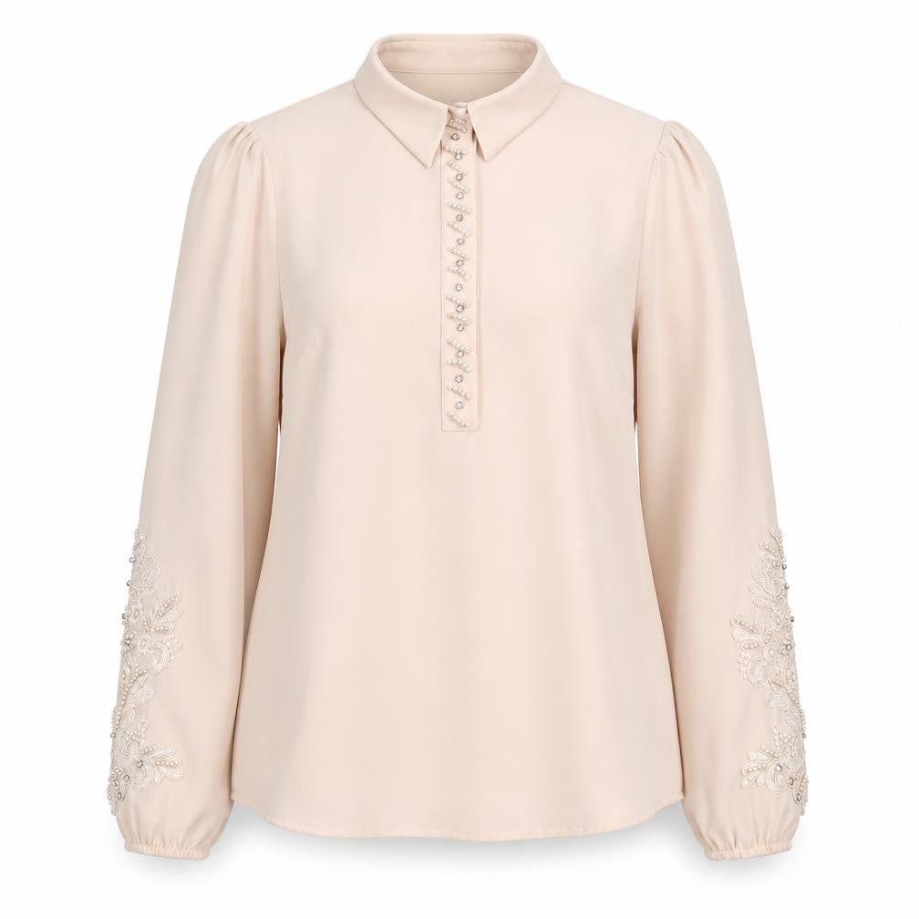 SERIL Beige Women's Long Sleeve Beaded Blouse Size 10