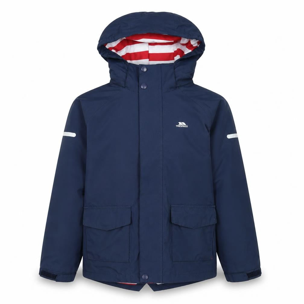 Front view of Trespass girls’ blue waterproof parka jacket 7-8 years