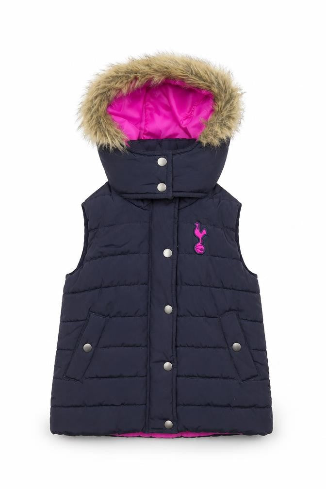 Front view of Tottenham Hotspur girls’ black puffer jacket, hooded 2-3 years