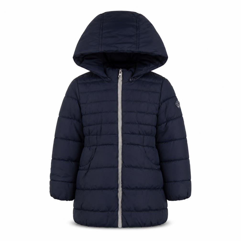 Front view of Mayoral girls’ blue puffer jacket, size 4, winter hooded coat