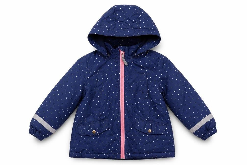 Front view of H&M girls’ blue polka dot parka jacket 3-4 years, hooded, lined