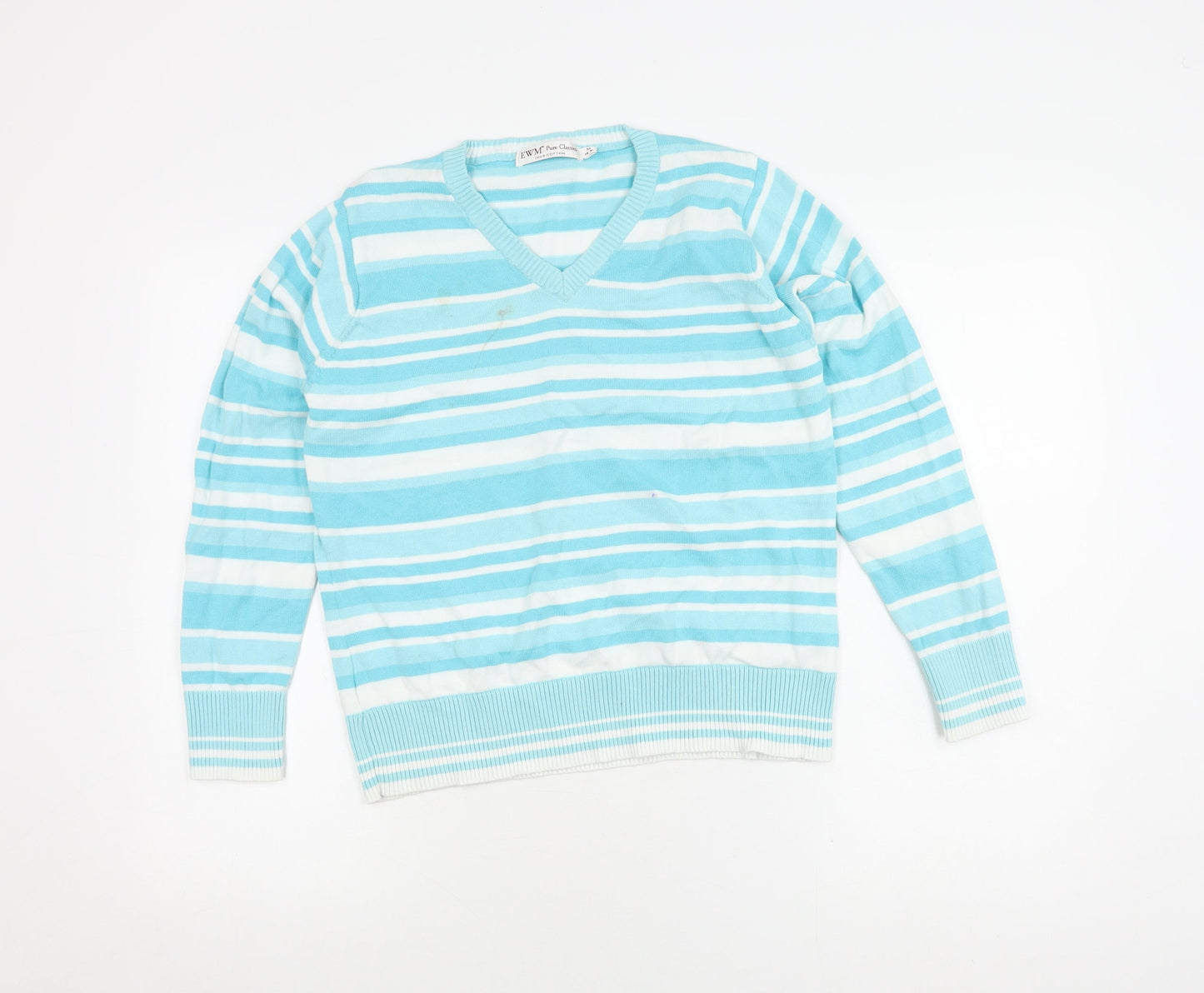 EWM Pure Classics Women's Blue Striped V-Neck Jumper M