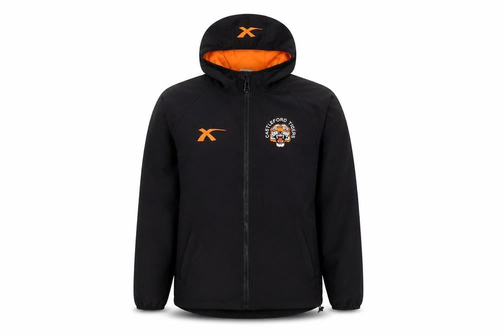 Front view of XBlades boys’ black basic jacket, size 12, rugby hooded