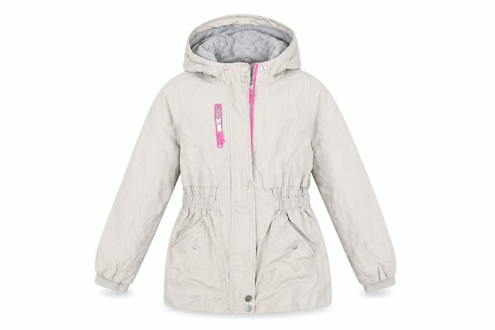 Front view of Mint Velvet girls’ beige parka jacket with hood, size 7, years