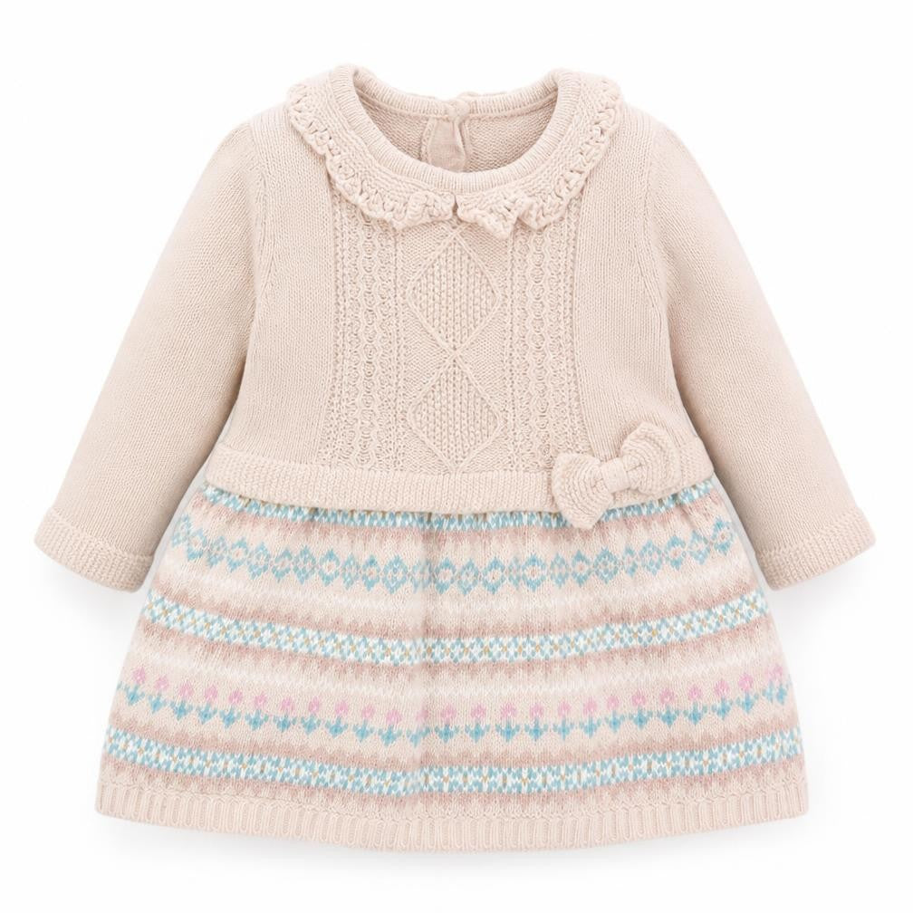 Front view of Maggie & Zoe girls’ beige knit dress, 0-3 months with bow detail