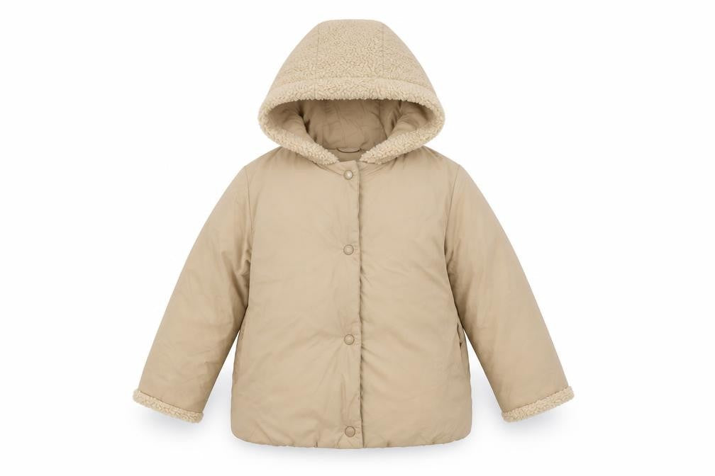 Front view of Zara girls’ beige puffer jacket 3-4 years hooded snap closure