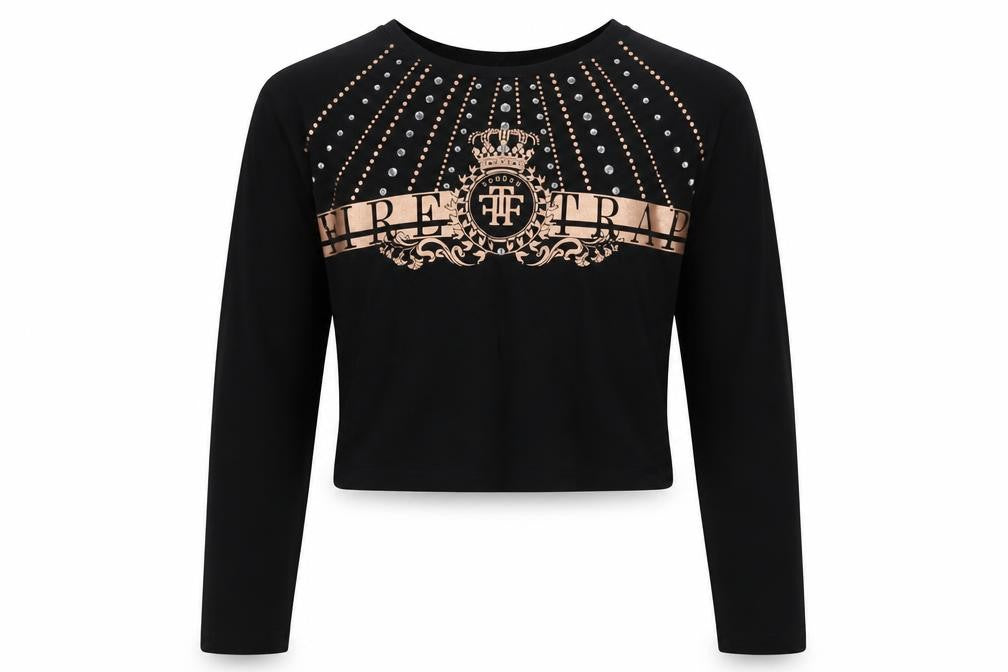 Front view of Firetrap girls’ black cropped t-shirt 9-10 yrs studded graphic