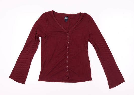 GAP Women's Red V-Neck Button-Up Long Sleeve Top, M