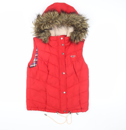 Hollister Women's Red Puffer Jacket with Fur Hood, M