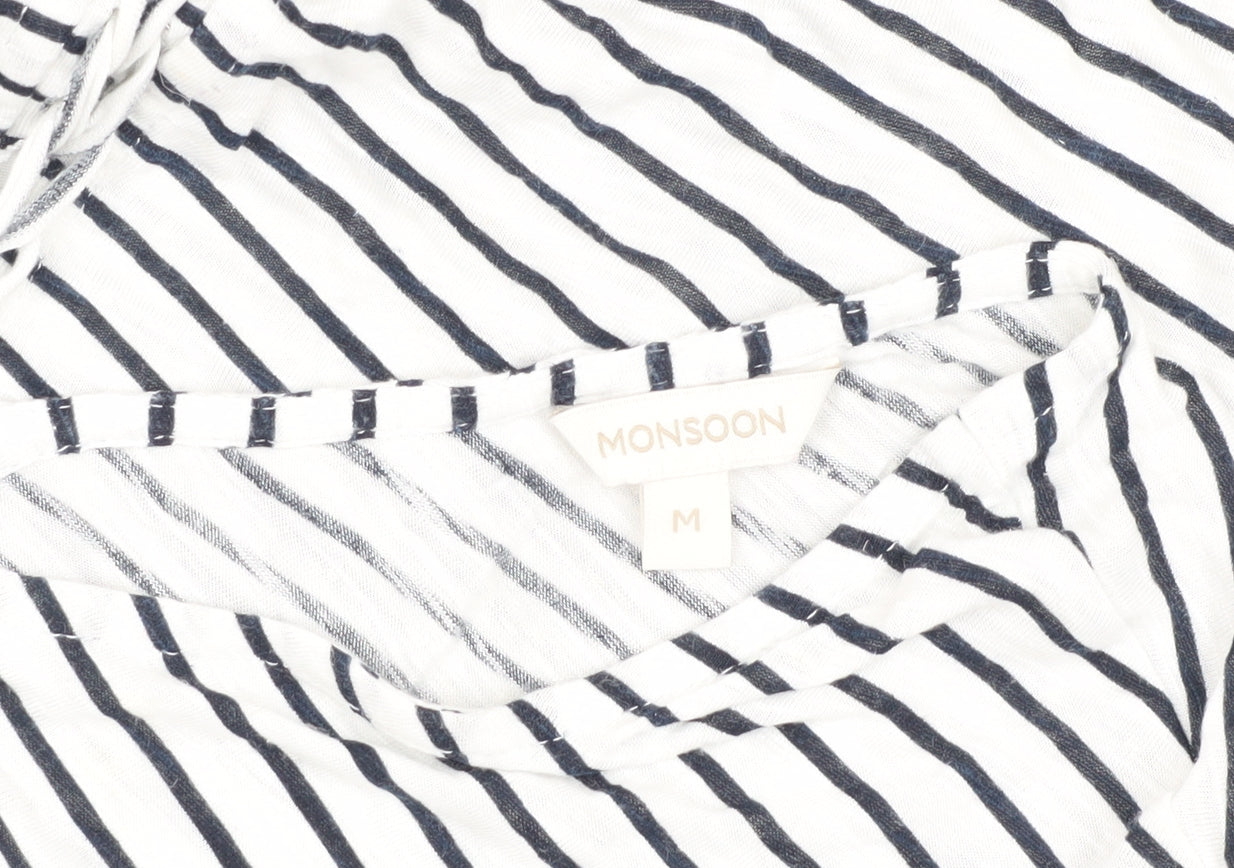Monsoon Womens White Striped T-Shirt V-Neck Medium