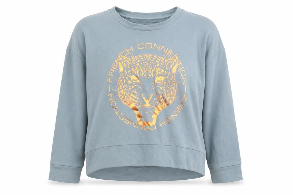 Front view of FC Jeans Women's Blue Graphic Sweatshirt, size 8