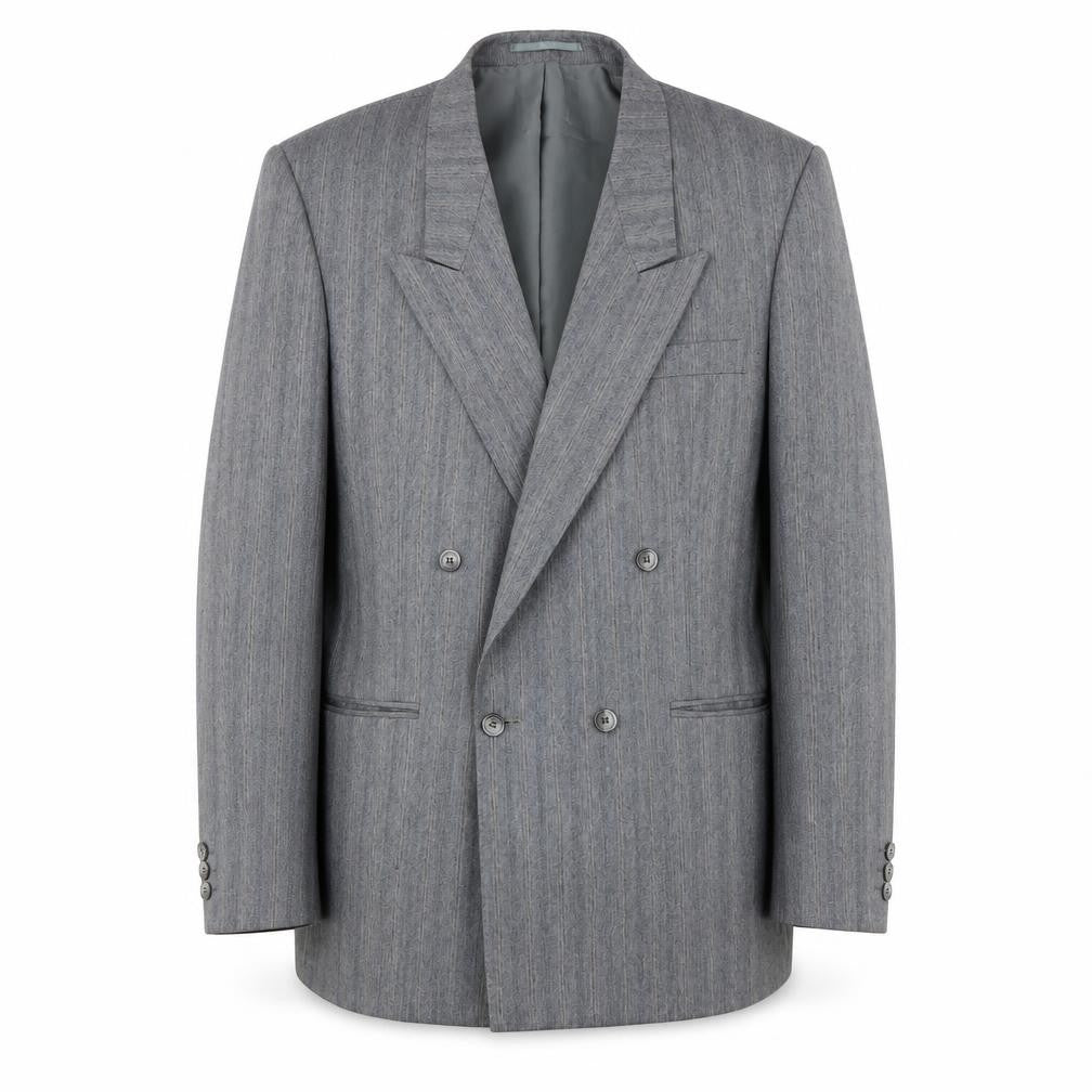 Front view of Canda Men's Grey Striped Double-Breasted Blazer 38R
