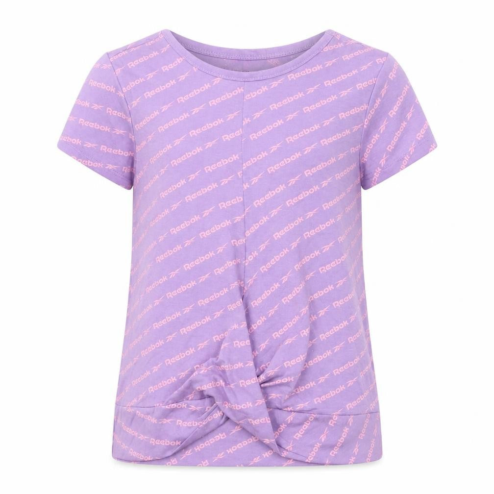 Front view of Reebok girls’ purple t-shirt, size 14, years, logo print