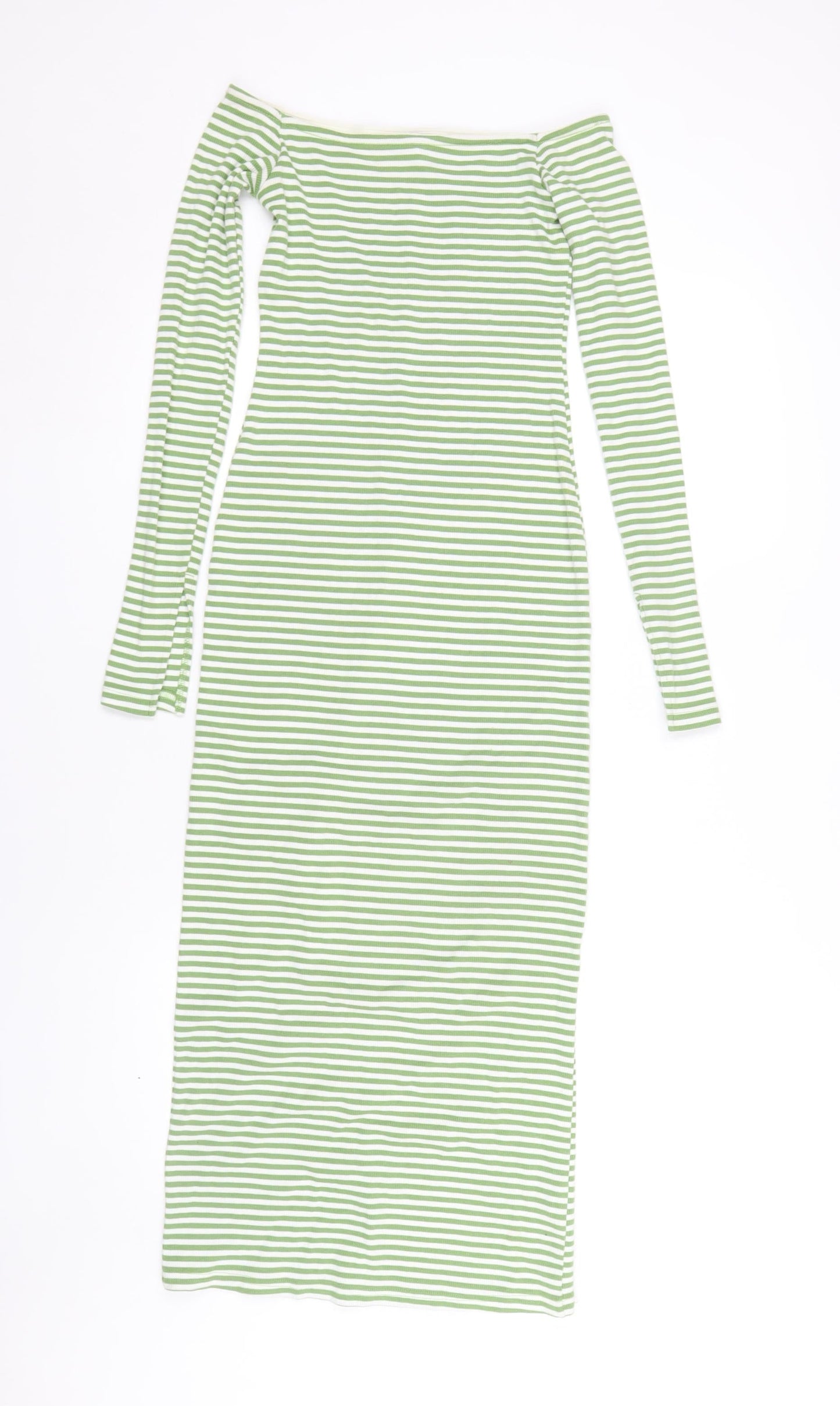 Monki Women's Green Striped Off Shoulder Dress XS