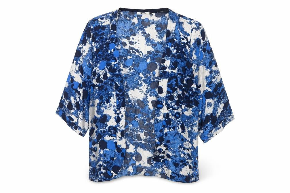Front view of Only Women's Blue Geometric Top, size 6, 3/4 Sleeve Open Front