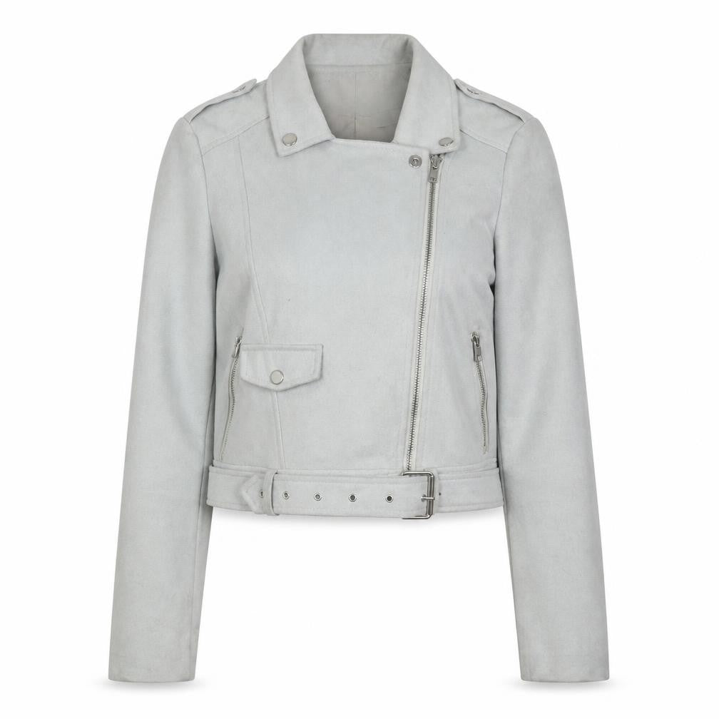 Front view of Missguided Women's Grey Cropped Biker Jacket, size 6