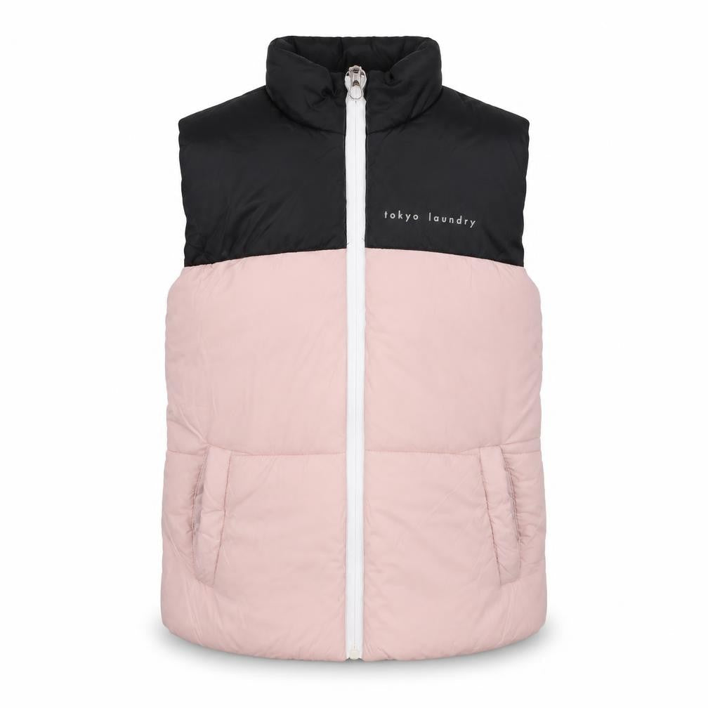Front view of Tokyo Laundry girls’ pink black puffer jacket 9-10 years