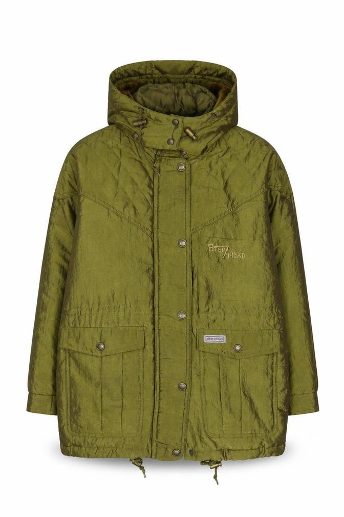 Front view of Step Ahead girls’ green puffer jacket, hooded, 12-13 years