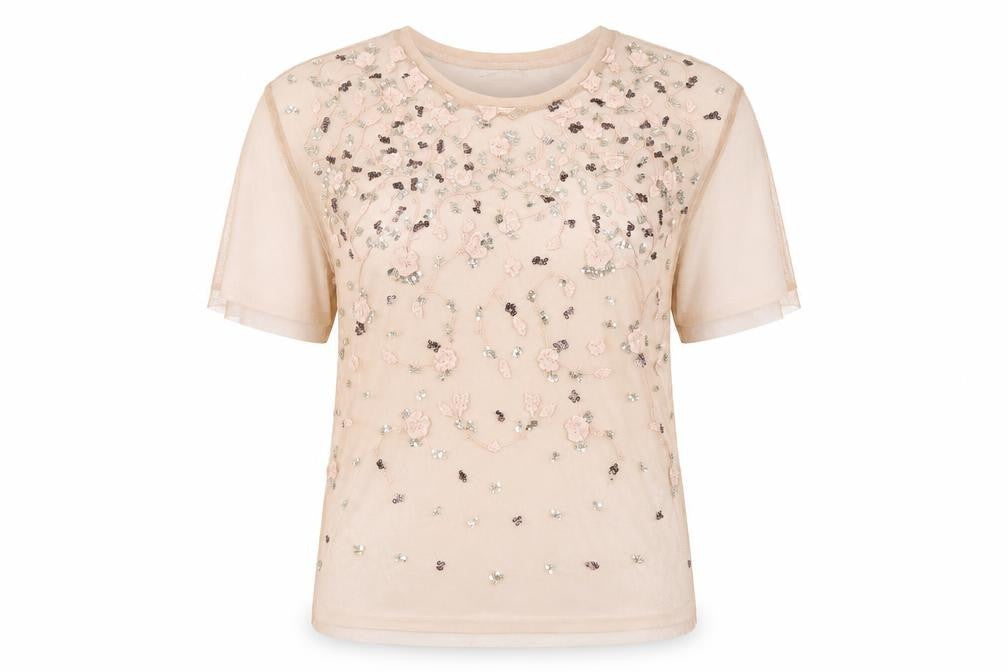 Zara Women's Beige T-Shirt with Floral Embroidery, Size 8