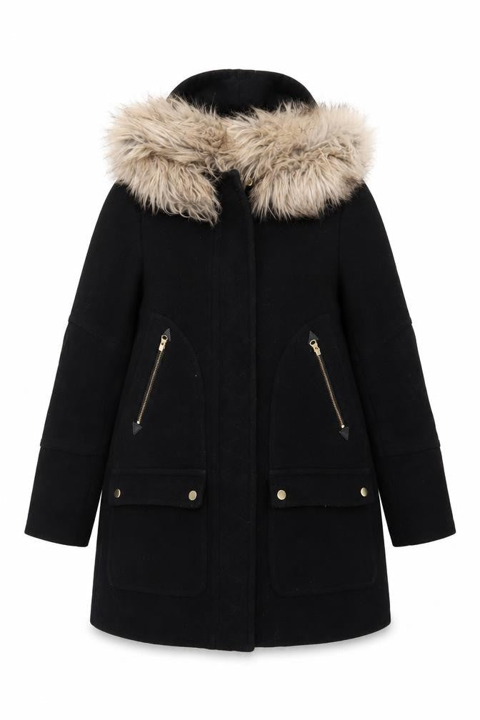 J.Crew Women’s Black Wool Parka with Fur Trim Size 2