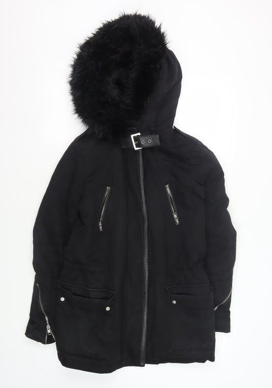 Maje Women's Black Hooded Coat Size 8 with Fur Trim