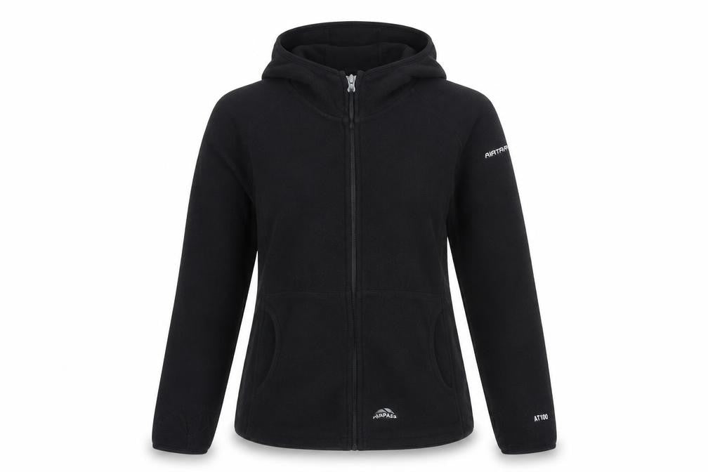 Front view of Trespass girls’ black hooded fleece jacket, size S
