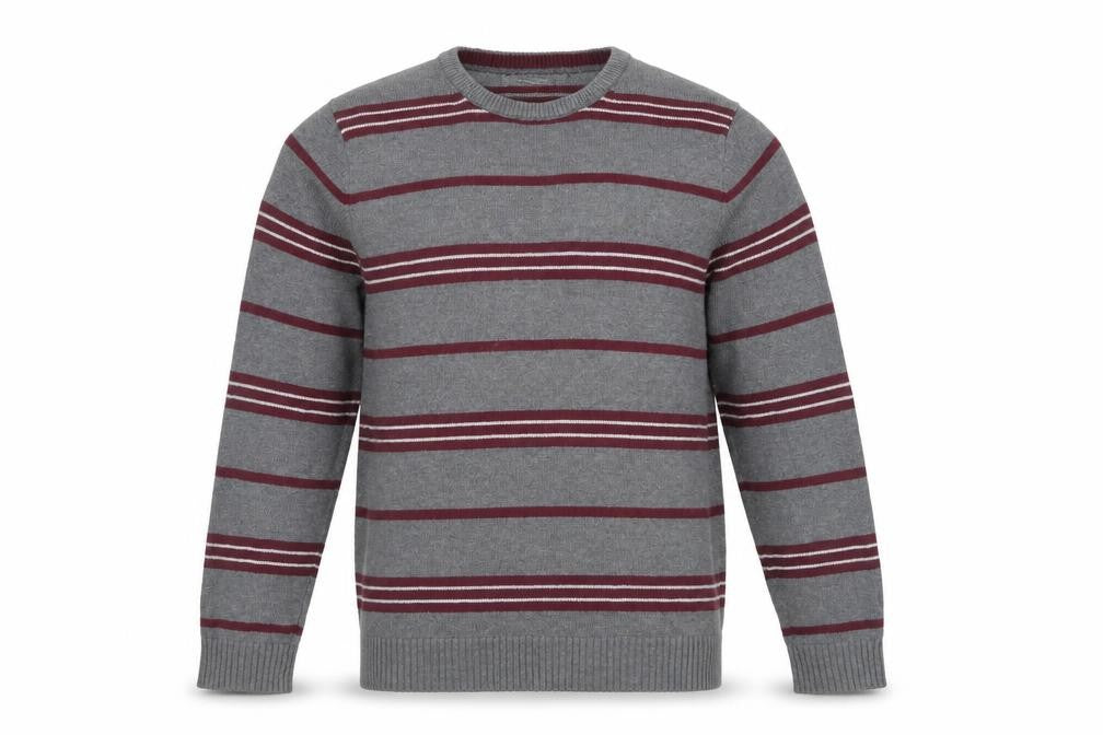 Front view of Maine New England Men's Grey Striped Cotton Pullover M