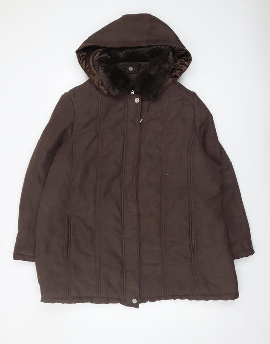 SM Collection Women's Brown Hooded Coat L Fur Trim
