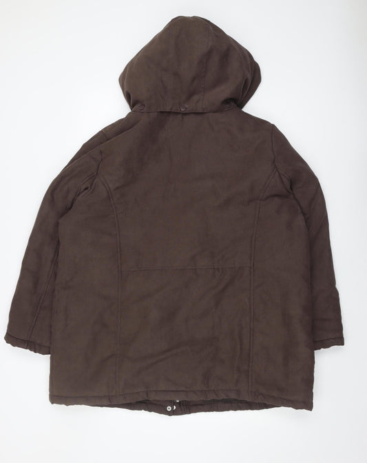SM Collection Women's Brown Hooded Coat L Fur Trim