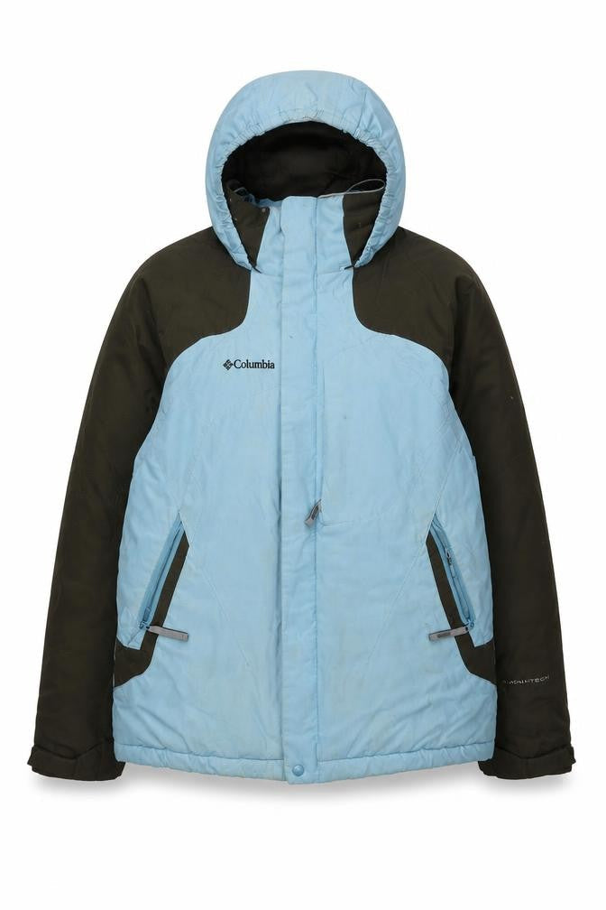 Front view of Columbia girls’ puffer jacket blue green 14-15 years winter