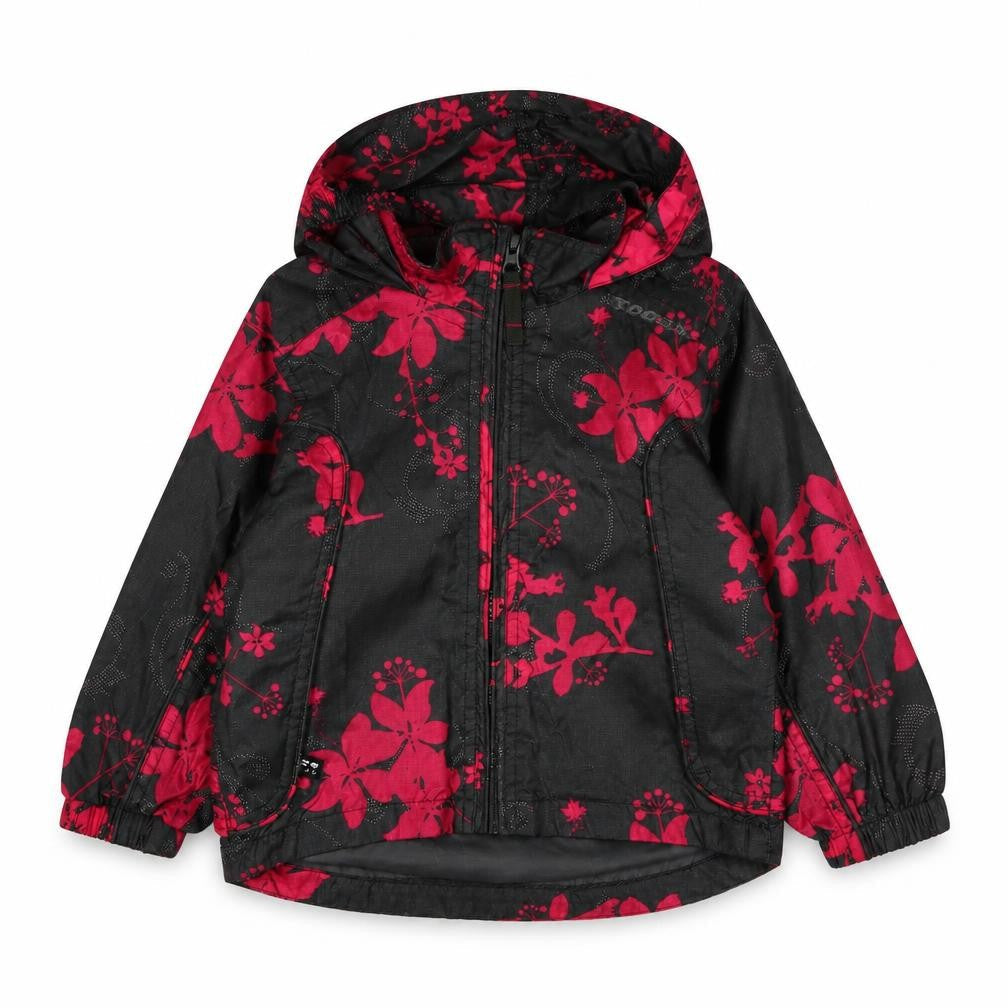 Front view of TOG24 girls’ floral rain coat, black, 1 year, hooded zip jacket